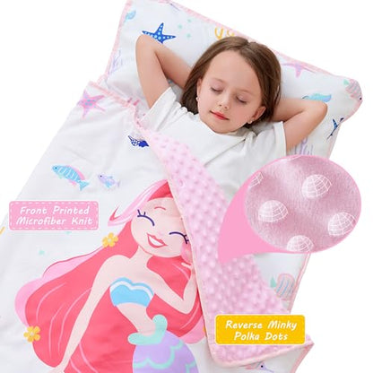 Lasoftan Toddler Nap Mat with Pillow and Blanket, Extra Large Rolled Napping Mats,Slumber Bags for Boys Girls,Kids Sleeping Bag for Daycare, Preschool Travel Camping - color: White Mermaid