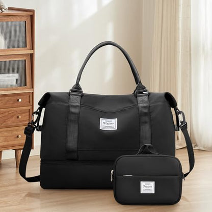 Weekender Bags for Women,Personal Item Travel Bag with Shoes Compartment,Overnight Travel Duffel Bag with Toiletry Bag,Medium - color: Black, size: Medium