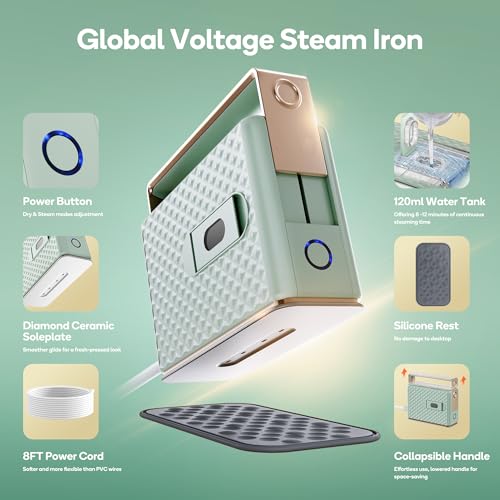 Newbealer 100-240V Travel Steam Iron, 2in1 Handheld Steamer, 120ml (Green) | Compact for Global Trips & Vacations, Non-Stick Ceramic Soleplate, Heats in 20s, 360° Steaming Anti-Spill, Auto-Off, 1.5 lbs - color: Green