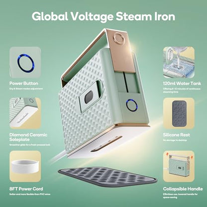 Newbealer 100-240V Travel Steam Iron, 2in1 Handheld Steamer, 120ml (Green) | Compact for Global Trips & Vacations, Non-Stick Ceramic Soleplate, Heats in 20s, 360° Steaming Anti-Spill, Auto-Off, 1.5 lbs - color: Green