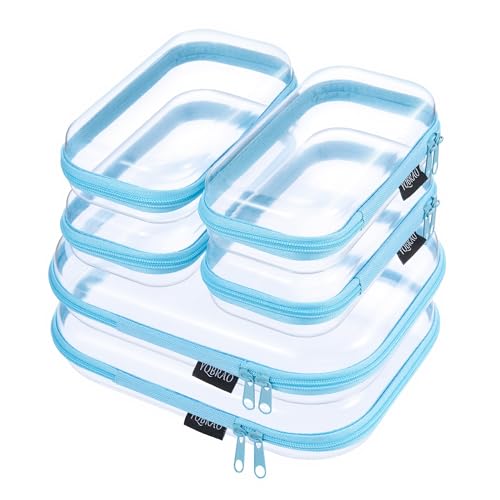 6 Pack Blue Clear Hard Shell Beauty Organizer (2M+4S), 1.2mm Heavy Duty Crush-Proof Cosmetic Case, Reinforced YKK Zippers, Stadium Approved Security Bag for Skincare & Electronics, Multi-Size Set - color: Blue, size: 6 Pack (2M+4S)