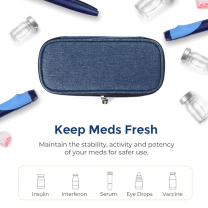 AUVON Insulin Pen Cooler Travel Case with 2 x 90g TSA Approved Ice Packs, Diabetic Medication Insulated Cooling Bag for Insulin Pens and Diabetic Supplies Storage, Compact for Daily Life and Trips - color: Navy Blue