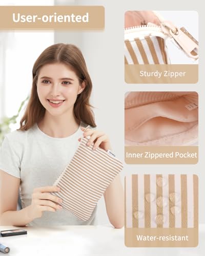 Narwey Small Striped Makeup Bag for Purse Travel Makeup Pouch Cosmetic Bag Zipper Pouch Bags for Women (Brown Stripe) - color: AC-Brown Stripe
