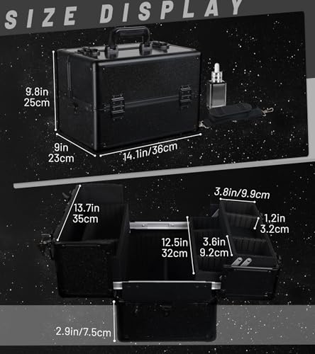 Large Makeup Train Case Cosmetic Organizer Case Makeup Box Portable Make Up Artist Travel Case with 4 Trays with Dividers Lockable Hard Train Case Nail Tech Supply Storage - Starry Black - color: Starry Black-M