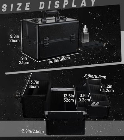 Large Makeup Train Case Cosmetic Organizer Case Makeup Box Portable Make Up Artist Travel Case with 4 Trays with Dividers Lockable Hard Train Case Nail Tech Supply Storage - Starry Black - color: Starry Black-M