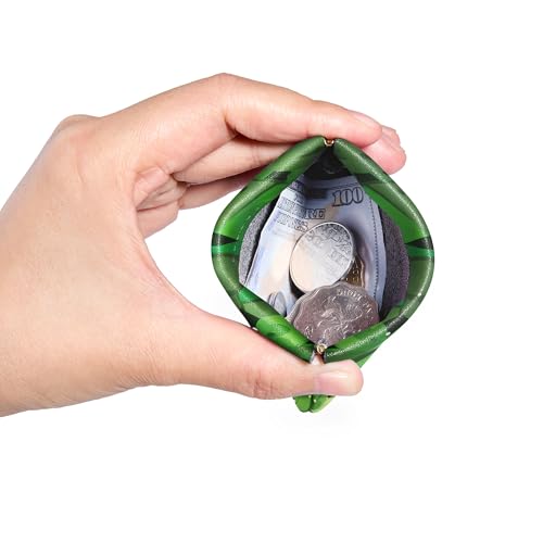 Travelambo Leather Squeeze Coin Purse Pouch Change Holder For Men & Women - color: Green Cat