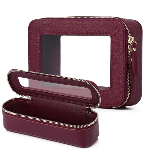 Clear Travel Makeup Bag with Brush Case Portable Transparent Cosmetic Bag and Toiletry Bag Waterproof Makeup Organizer with Zipper Car Essential for Women (Burgundy, M+Slim) - color: Burgundy, size: M+Slim