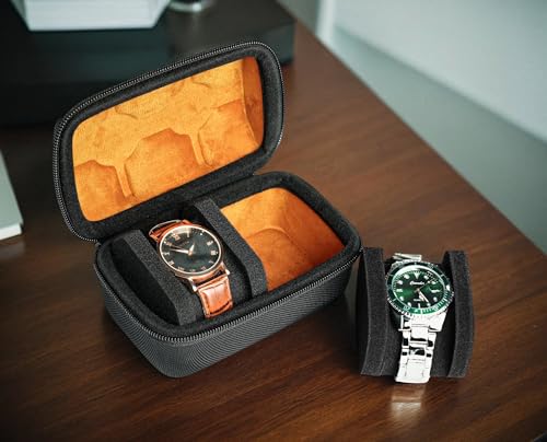 2 slots watch case for travel and storage, hard Watch Roll Organizer holder for Men and Women with microfiber lining - size: 2 slots