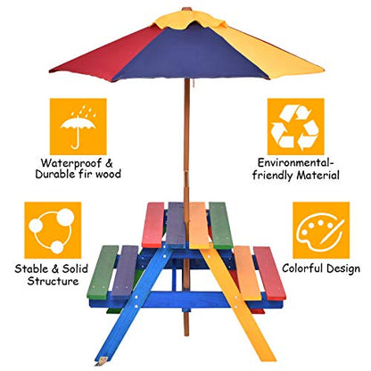 Costzon Kids Picnic Table Set, Colorful Wood Picnic Table and Benches with Removable/Folding Umbrella, Children Rainbow Bench Outdoor Patio Set