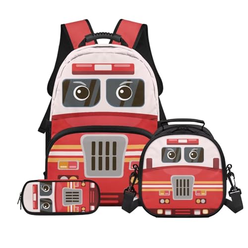 School Backpack for Boys,Fire Truck 3PCS School Backpacks for Primary Study, Lightweight Bookbag with Lunch Bag Bundle for Kids Teens Students - color: Fire Truck-1