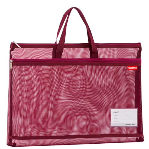 Pendancy Mesh Zipper Pouch A3 Size, Large Double Pocket Lightweight Nylon Transparent File Bag with Handle, 13x17 in Foldable Document Storage for Puzzle Project/Cross Stitch/Travel/Office (Red) - color: Translucent Dark Red, style: DIY Label Type A3 Size