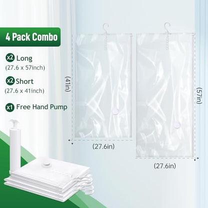 Hanging Vacuum Storage Bags For Clothes With Hand Pump,Coat Storage Bag Hanging,Vacuum Bags For Clothes,Space Saver Vacuum Storage Bags,Garment, Clothing, Dress, Suit, Long Coat, Jacket(Combo 4 Pack） - size: 4 Combo