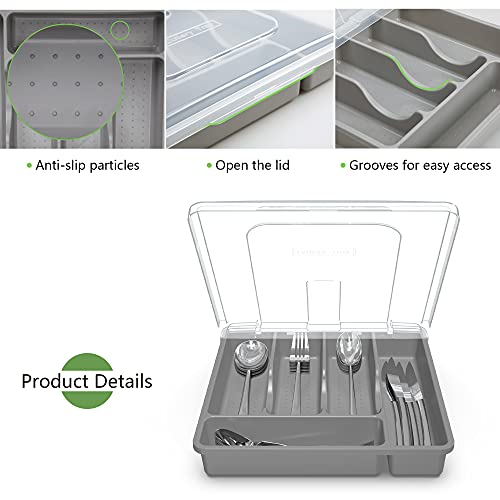 Utensil Holder for Countertop with Lid, Plastic Silverware Tray for Drawer, 5 Compartments Flatware Organizer, Gray - color: Gray