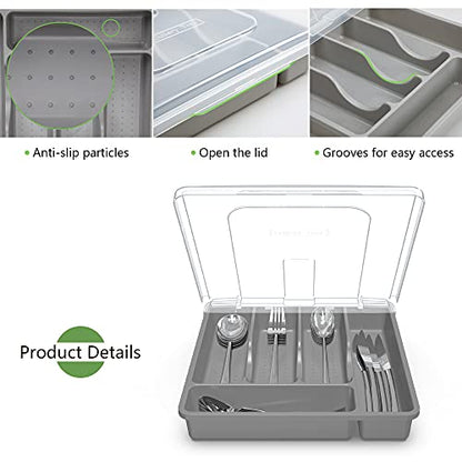 Utensil Holder for Countertop with Lid, Plastic Silverware Tray for Drawer, 5 Compartments Flatware Organizer, Gray - color: Gray