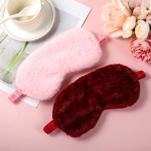 2 Pcs Plush Eye Mask Soft Sleeping Blindfold Eye Cover Comfortable Furry Faux Fur Sleeping Mask Satin Nap Night Eyeshade Cover for Women Men Gift (Pink, Red) - color: Pink, Red