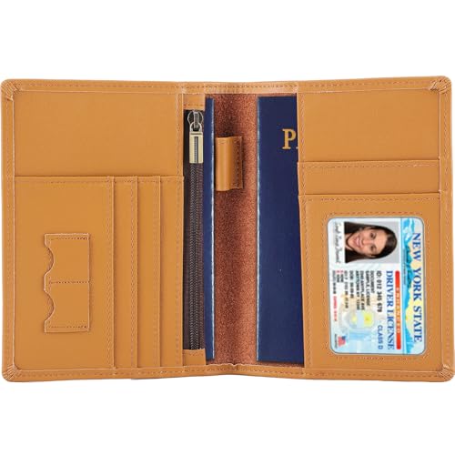 STAR VISTA Phoenix Leather Passport Holder, Calfskin Travel Wallet - RFID Blocking, ID Window, Zipper Pocket, Pen & Notebook Included, Honey - color: Honey Calfskin