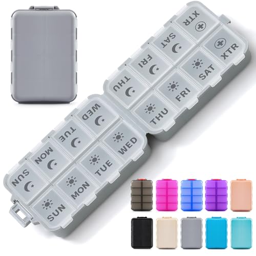 Foldable & Portable Pill Organizer 2 Times A Day with Extra Compartments - Etched Labels - Weekly 7 Day AM PM Medicine Box, Week Daily Travel Pill Case Holder Dispenser for Vitamin, Supplement - Grey - color: Grey, size: AM & PM & EXTRA