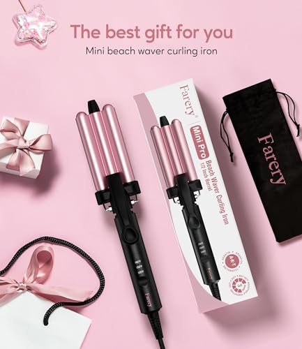 Farery Mini 3 Barrel Hair Waver, Pink | Portable Beach Wave Curling Iron, 1/2 Inch Ceramic Crimper, 3 Temp Settings & 30s Fast Heating, Dual Voltage Travel - style: Digital temp(Rose pink)