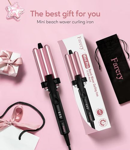 Farery Mini 3 Barrel Hair Waver, Pink | Portable Beach Wave Curling Iron, 1/2 Inch Ceramic Crimper, 3 Temp Settings & 30s Fast Heating, Dual Voltage Travel - style: Digital temp(Rose pink)