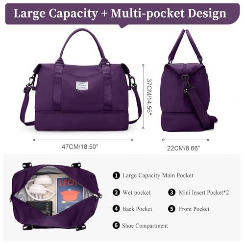 Weekender Bags for Women,Personal Item Travel Bag with Shoes Compartment,Overnight Travel Duffel Bag with Toiletry Bag - color: Dark Purple, size: Large