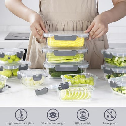 AILTEC 12 Pack Glass Food Storage Containers with Lids, Glass Meal Prep Containers Set with Leak Proof Lids, Airtight Lunch Container for Kitchen, Microwave, Oven, Freezer, Dishwasher Safe, Bpa free - color: gray
