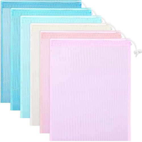 Frienda 6 Pieces Mesh Stuff Sack, 11 x 15 Inch Durable Nylon Drawstring Laundry Bag for Rinsing Beach Toys, Seashell Collecting, Mesh Bags for Travel(Macaron Color) - color: Macaron Color