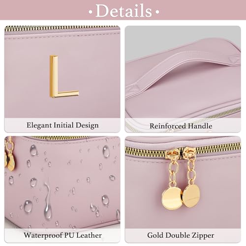 Personalized Initial Makeup Bag Gifts for Women, Large Travel Cosmetic Organizer with Handle & Divider, PU Leather Toiletry Bag for Girls, Birthday Bridesmaid Gift Set - Pink - L - color: Pink, style: L