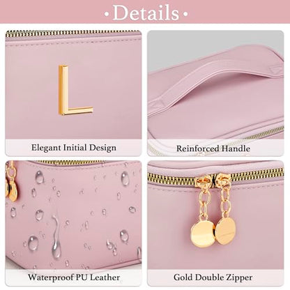 Personalized Initial Makeup Bag Gifts for Women, Large Travel Cosmetic Organizer with Handle & Divider, PU Leather Toiletry Bag for Girls, Birthday Bridesmaid Gift Set - Pink - L - color: Pink, style: L