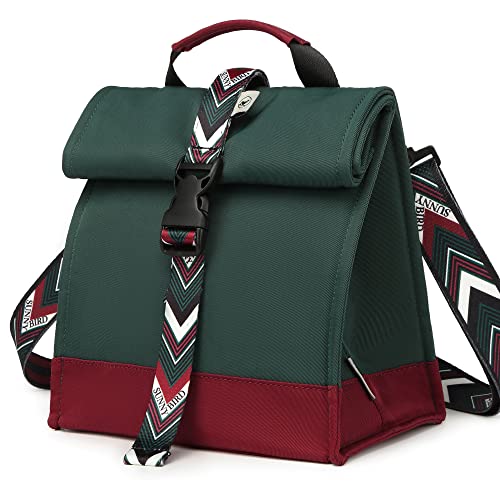 SUNNY BIRD Insulated Lunch Bag Rolltop Lunch Box Tote Bag for Women, Men, Adults and Teens (Green with Boho strap) - color: Green with Boho strap