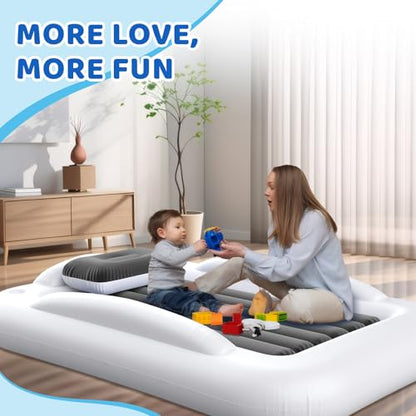 Inflatable Toddler Travel Bed - 60 Inches Portable Toddler Bed for Travel with Safety Sides - Cozy Kids Air Mattress Set with High-Speed Pump & Carry Case - Lightweight & Easy to Inflate -Grey - color: Grey