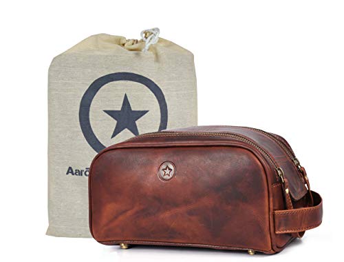 10" Premium Leather Toiletry Travel Pouch With Waterproof Lining Black Color | King-Size Handcrafted Vintage Shaving Kit By Aaron Leather Goods - color: Umber