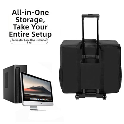 BUBM Desktop Computer Carrying Case, Padded Nylon Carry Tote Bag for Transporting Computer Tower PC Chassis, Keyboard, Cable and Mouse - color: Black-Wheels 27 INCH