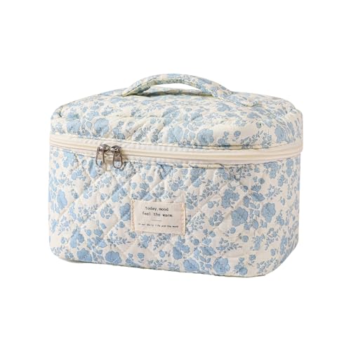 uekeboag Large Travel Quilted Makeup Bag for Women, Floral Cotton Cosmetic Bag, Coquette Aesthetic Floral Toiletry Organizer Bag - color: 01Lightblue Flower