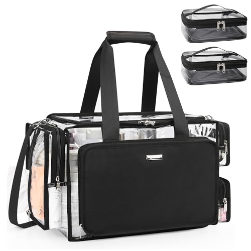 Relavel Clear Makeup Bag with 2 Clear Pouches, Extra Large Makeup Artist Kit Set, Cosmetic Storage Organizer Hair Stylist Traveling Bag, Transparent Tote Duffle Beach Toiletry Bag with Shoulder Strap - color: Clear with 2 Clear Pouches