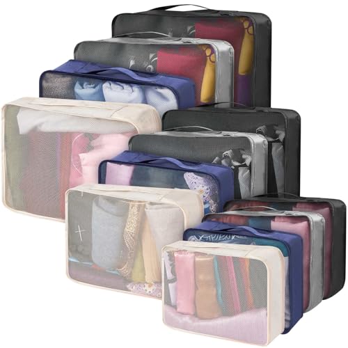 Silkfly 12 Pcs Packing Cubes for Suitcase Travel Luggage Bags Bulk Mesh Organizer Set for Hiking Camping Backpacking Clothes Accessories (Dark Colors,XL, L, M Size) - color: Dark Colors, size: XL, L, M