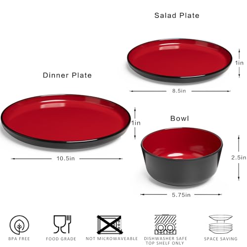 12-piece Dinnerware Sets Service for 4 - Dinner Plate, Dessert Plates, Cereal Bowls, Lightweight Melamine Plates and Bowls Sets, RV, Kitchen Dishes for Outdoor Use, Red and Black - color: Black and Red