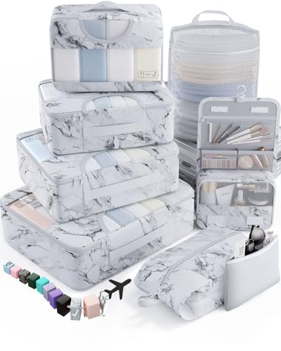 Veken 8 Set Packing Cubes for Travel Essentials, Suitcase Organizer Bags in 4 Sizes with 12 Piece of Zipper, Carry-On Luggage Accessories with Laundry Bag, Airplane Must Have - color: 14 White Marble