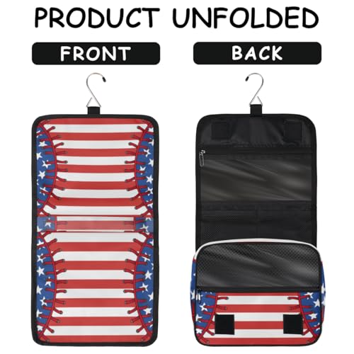 Hanging Travel Toiletry Bag for Women, Baseball Flag Motif Water Resistant Polyester Organizer with Hook & Handle, Large Capacity Cosmetic Bag for Travel, Gym, Camping - color: Baseball Flag Motif