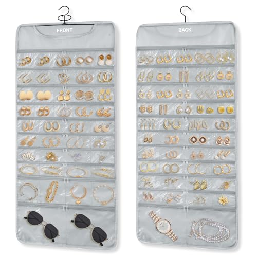Hanging Jewelry Organizer Storage with 88 Zippered Pockets, Dustproof Foldable for Travel, Double-Sided Accessories Organizer Holder for Earrings Necklaces Rings on Closet Wall Door (Gray) - color: 88 pocket grey