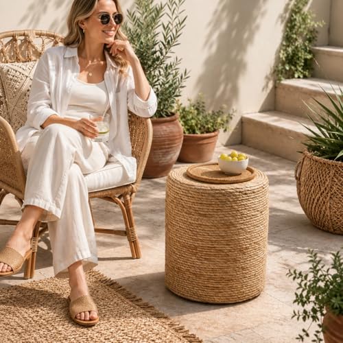 Wimarsbon Natural Seagrass Foot Stool, Hand Weaving Round Ottoman, for Living Room, Outdoor Seat (Natural) - color: 14inch Natural Cattail