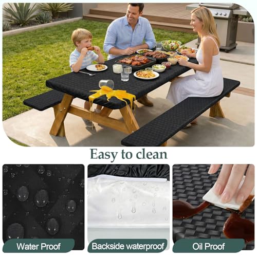 Picnic Table Cover with Bench Covers Camping Essentials Waterproof Windproof Camping Tablecloth with Drawstring Bag, Fitted Rectangle Tables and Seats, 96in, Black - color: Black, size: 96in