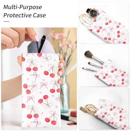 Glasses Case Soft, Eyeglass Cases for Women Portable Squeeze Top PU Leather 2 Pack Glasses Pouch with Cleaning Cloth - color: 2pcs Bow Cherry+bow Strawberry
