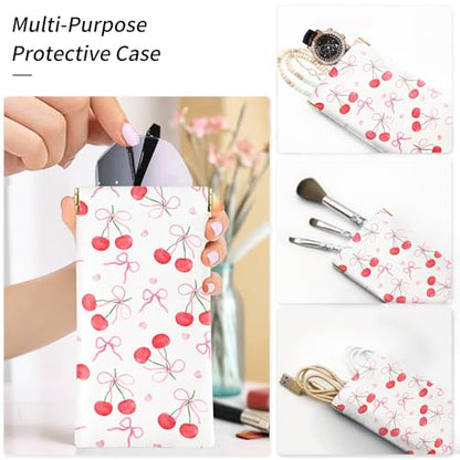Glasses Case Soft, Eyeglass Cases for Women Portable Squeeze Top PU Leather 2 Pack Glasses Pouch with Cleaning Cloth - color: 2pcs Bow Cherry+bow Strawberry