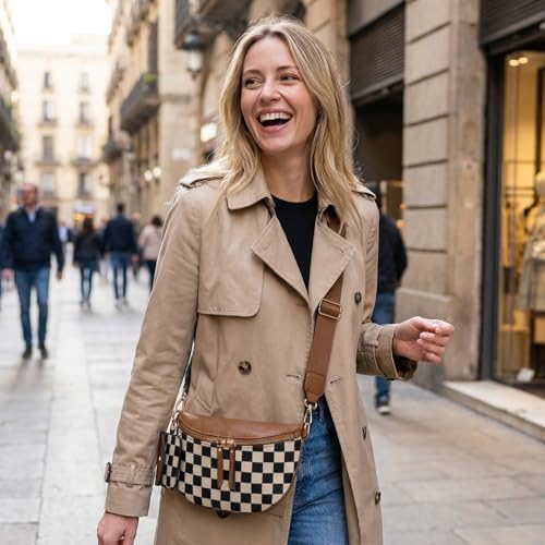 Checkered Crossbody Bag for Women Nylon Bum Bag Spacious Fanny Pack Adjustable Strap Lightweight Travel Everyday Purse Water Resistant Handbag (Solid Black) - color: Solid Black