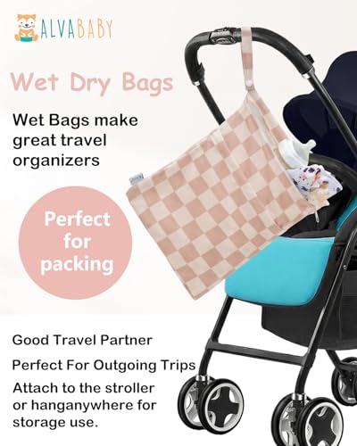 ALVA ALVABABY 3pcs Medium Cloth Diaper Wet Dry Bags Waterproof Reusable with Two Zippered Pockets Travel Beach Pool Daycare Soiled Baby Items Yoga Gym Bag for Swimsuits or Wet Clothes 3L-ZM47 - color: Creamy Checkerboard Collection