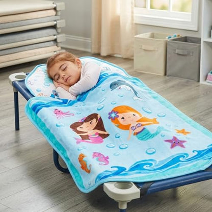 EVERYDAY KIDS Cute Preschooler and Toddler Cot Nap Mat for Home, Daycare, Preschool and Kindergarten; Easy to Roll Sleeping Mat with Elastic Straps, Pillow and Blanket - color: Mermaid Cot Nap Mat