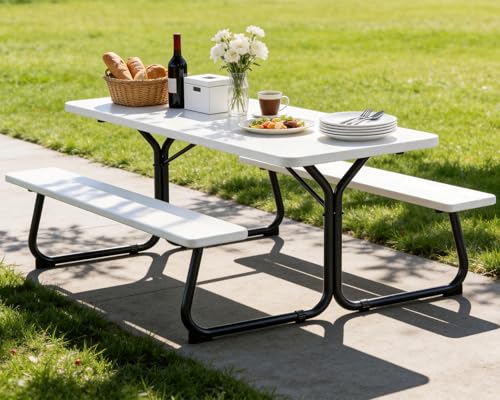 Picnic Table, 6 FT Outdoor Picnic Table with Benches for 8 People, Heavy Duty Picnic Bench Set with Steel Frame, 600LBS Capacity, Patio Dining Table Set for Backyard, Park, Garden, School