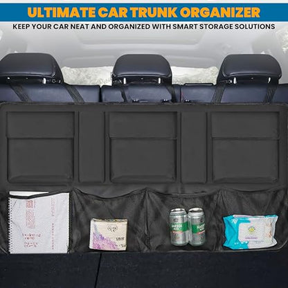 EcoNour Backseat Trunk Organizer | 42 x20 Inches Car Storage with 9 Spacious Pockets | Waterproof, Heavy-Duty Hanging Organizer for SUVs, Trucks & Hatchbacks | Space-Saving, Foldable & Easy to Install