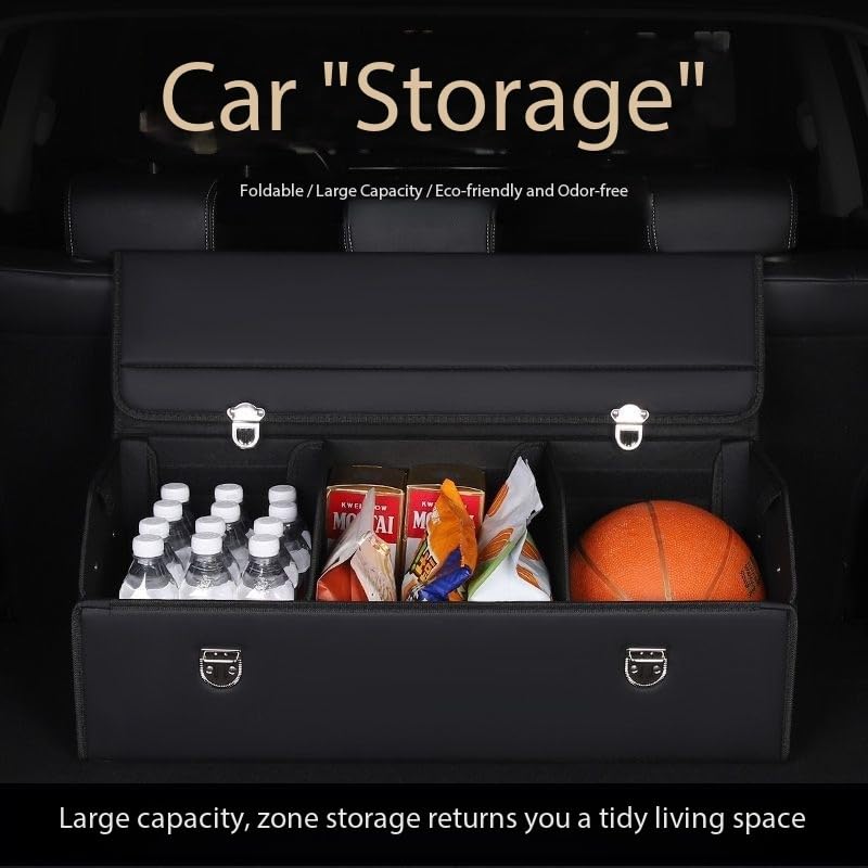 Leather Storage Box Car Trunk Organizer for Trunk SUV Sedan, Leather Foldable Storage Box with Lid (Black 20.9" L*12.2" W*11.8" H) - size: Black 20.9"L*12.2"W*11.8" H