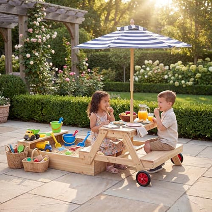 HONEY JOY Kids Picnic Table with Sandbox, Fir Wood Toddler Outdoor Table & Chair Set w/Wheels, Removable Umbrella & Sensory Bin, Children Convertible Outdoor Furniture for Backyard Patio Garden (Blue)
